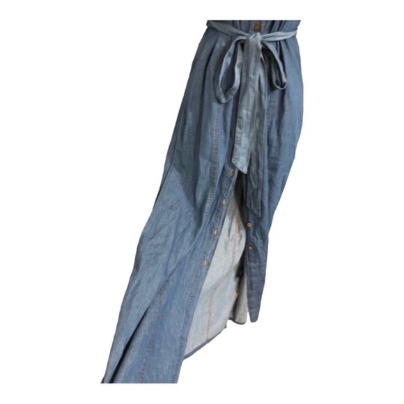 Blue denim fabric button front boho look belted dress size small brand new - Picture 9 of 16